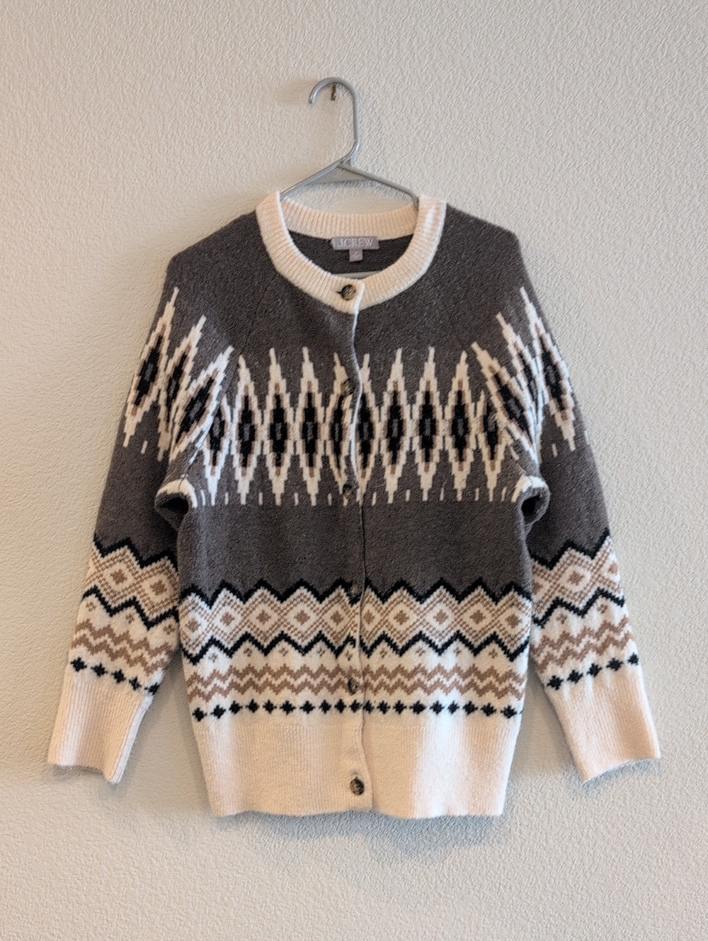 J. Crew Gray and Cream Fair Isle Button-Front Cardigan